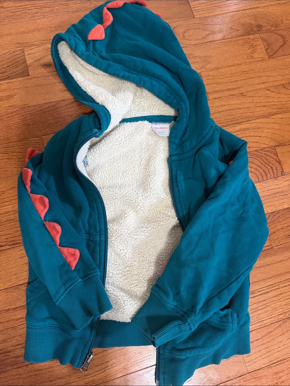 Hanna Andersson Teal Hoodie with Coral Dino Spikes and Cream Sherpa